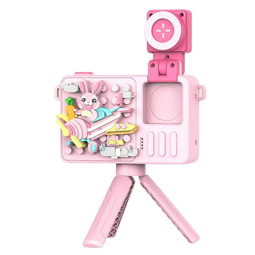 M1 Rabbit Building Block Toy Flip Lens Cámara Digital Pantalla de 2,4 pulgadas Cámara para niños con trípode - Rosa