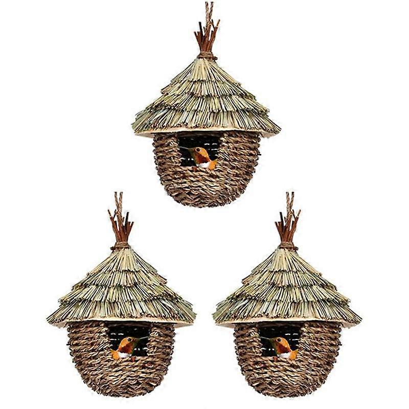 Bird House,3Pcs Hand Woven Hanging Humming Bird House for Nesting,Natural Grass Bird Nest for Garden,Patio