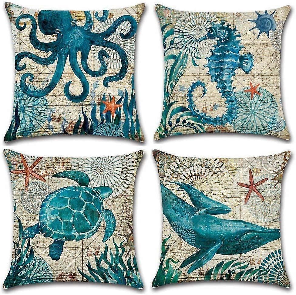 Pillow Case, Set of 4 Cotton and Linen Printed Ocean Octopus Whale Turtle Seahorse Square Cushion Cover for Bed Car Home Sofa 45 x 45 cm