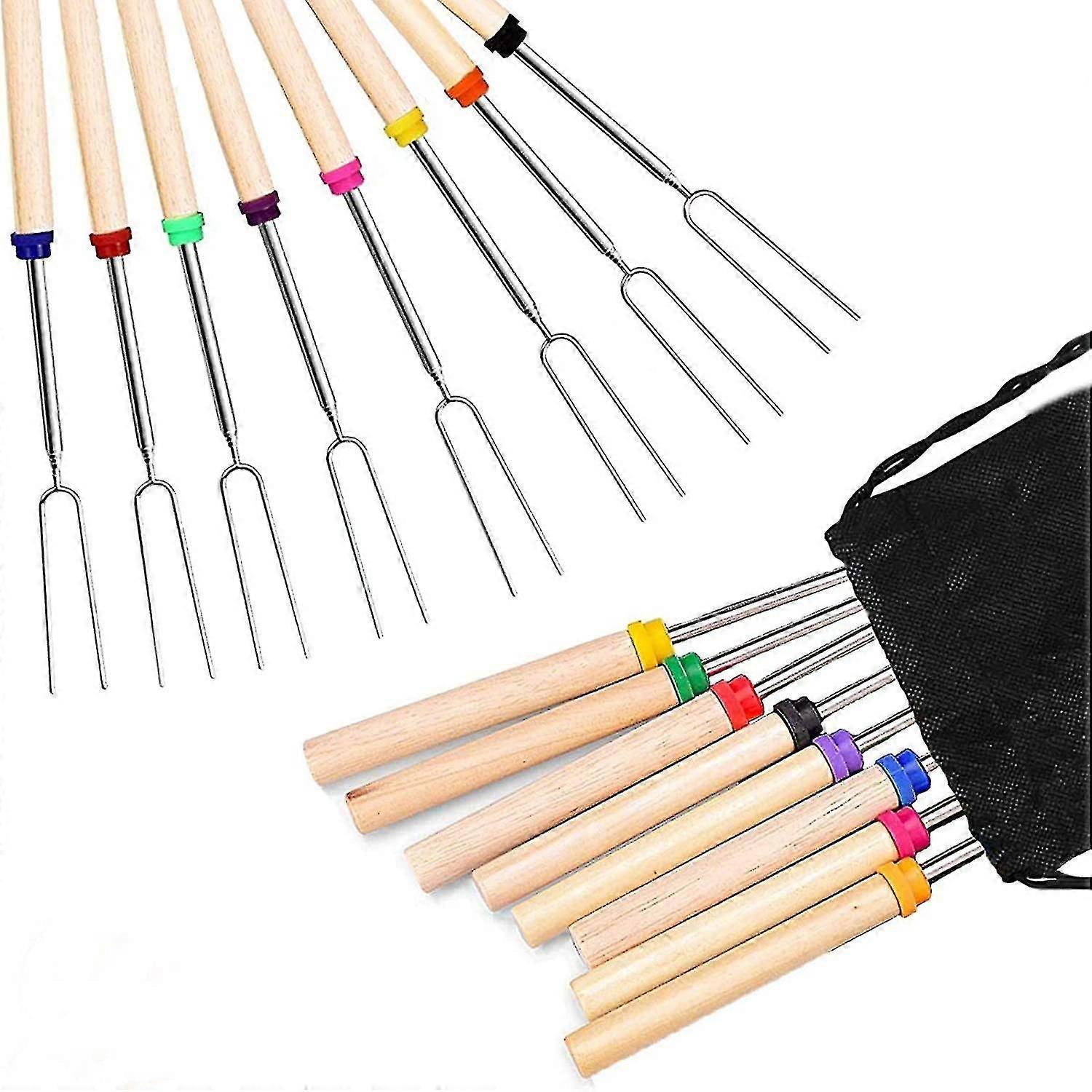 Barbecue Forks Set Of 8 Marshmallow Roasting Sticks Extendable Stainless Steel 32 Inch U Shape Hot Dog Fork With Wooden Handle Grilling Skewers For Ca