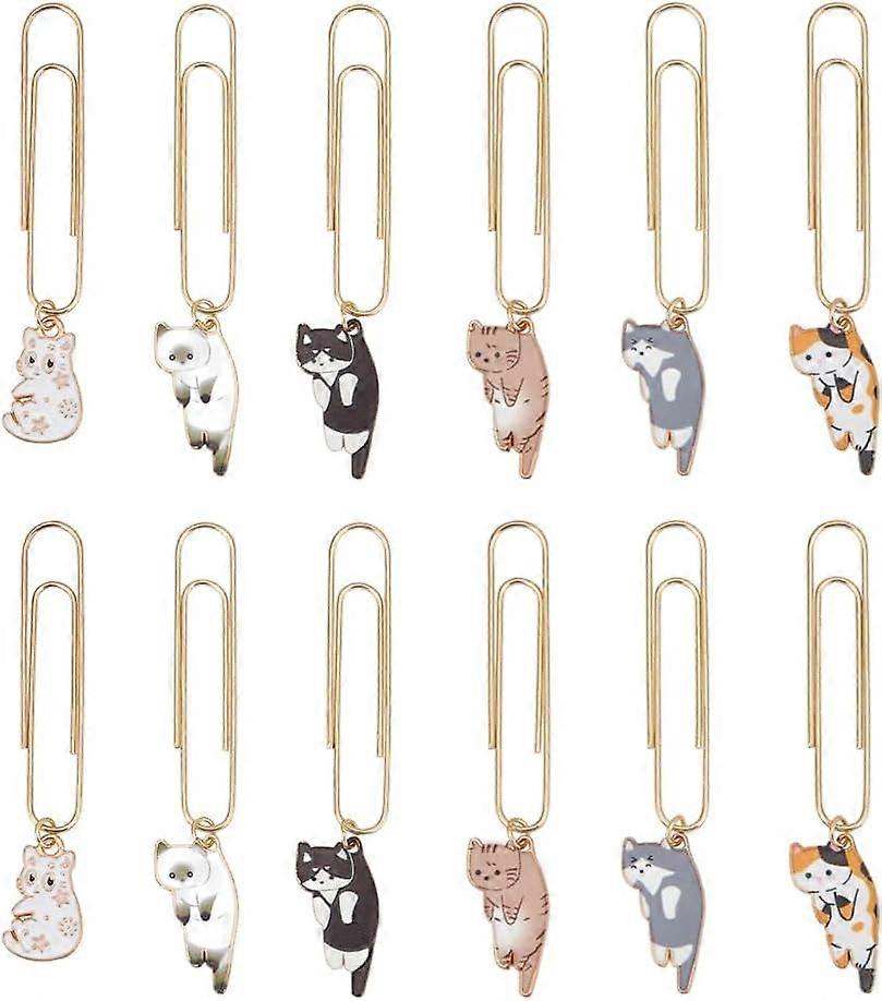DIY 12Pcs Cat Paperclips 3 Inch Alloy Pendant Paper Clip with Cat Charms Metal Paper Clips for Paper Document Note Sorting and Organizing - 6 Styles D