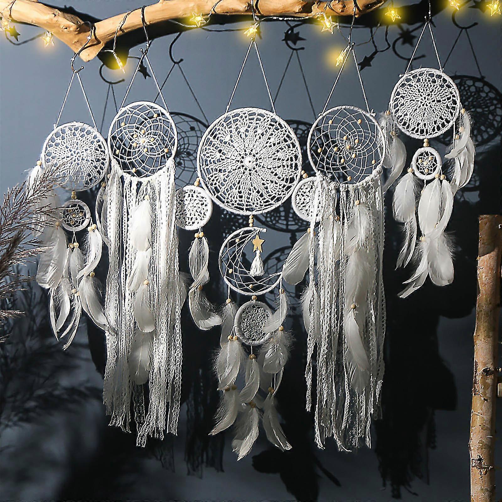 Dreamcatcher Moon And Stars Hanging Over The Bed, 5pc Set Dreamcatcher Feather Home Wall Decoration