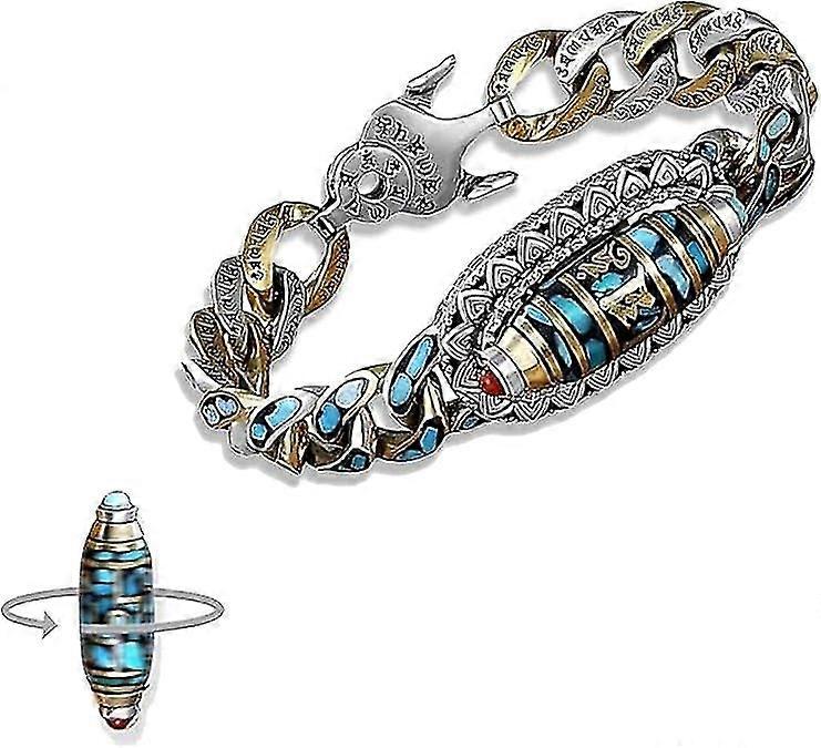 Turquoise Six-character Mantra Nine-eyed Dzi Bead Bracelet, Tibetan Style Transfer Rotating Nine Eyes Dzi Beads Bracelet,Good Luck Feng Shui Amulet Br