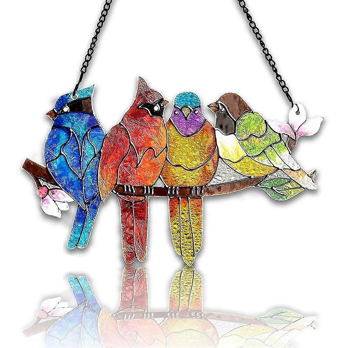 Stained Glass Window Hanging - Birds On A Branch Stain Glass Suncatcher, Double Side Glass Panel Wi