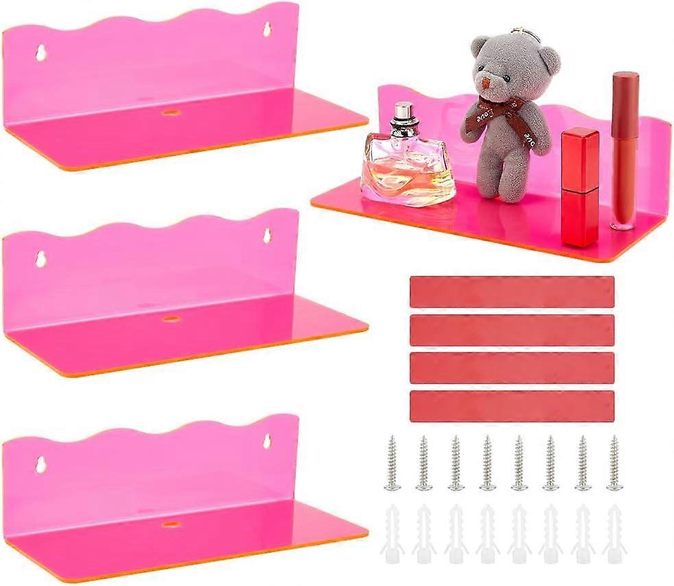 Acrylic Wall Mounted Display 4 Sets Pink Floating Shelf Home Wall Display Ledges for Storage Wall Hanging Shelf for Kitchen Bathroom Living Room Colle