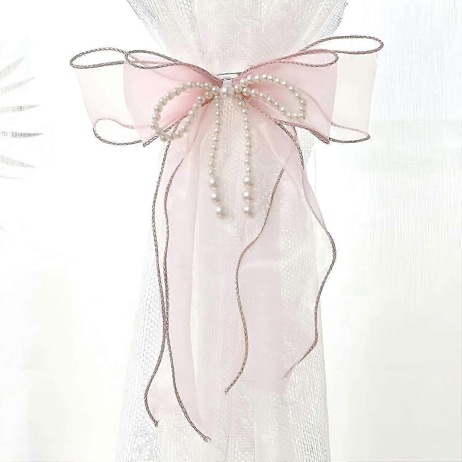 ボウカーテンタイバック2個、真珠とバタフライカーテンタイ、ホームデコラティブピンクのための蝶結びカーテンタイ-ピンク-86cm(33.86in)