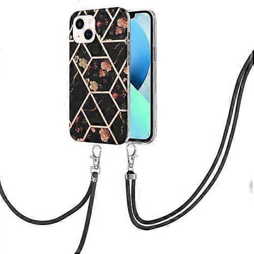 For iPhone 15 Electroplating Splicing Marble Flower Pattern TPU Shockproof Case with Lanyard