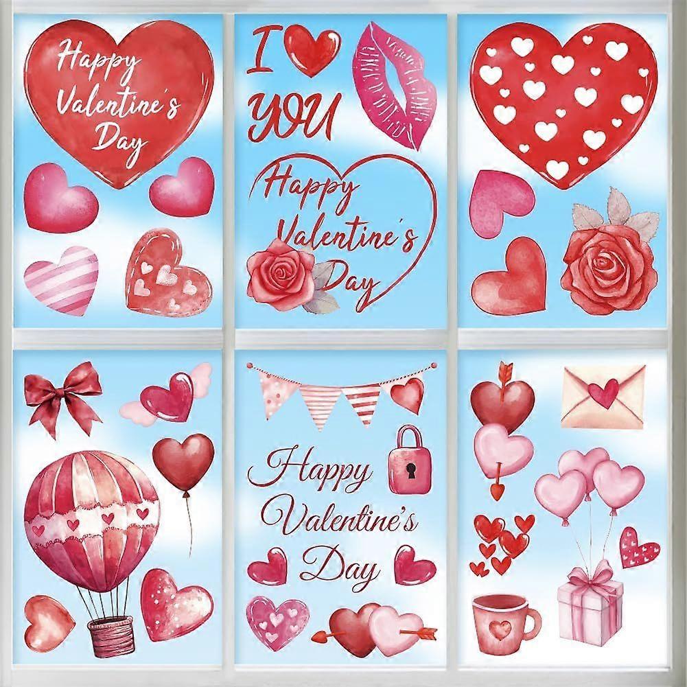 Window Static Clings Stickers Decal 7.9"x11.8" 9 Sheets with 56PCS Valentine's Day Patterns Decorative Removable Window Sticker Cling Home Office Deco