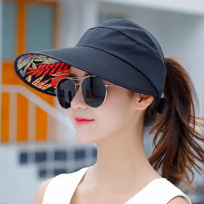 Summer women's soil foldable sunscreen empty top hat Korean version big brim sun hatblack