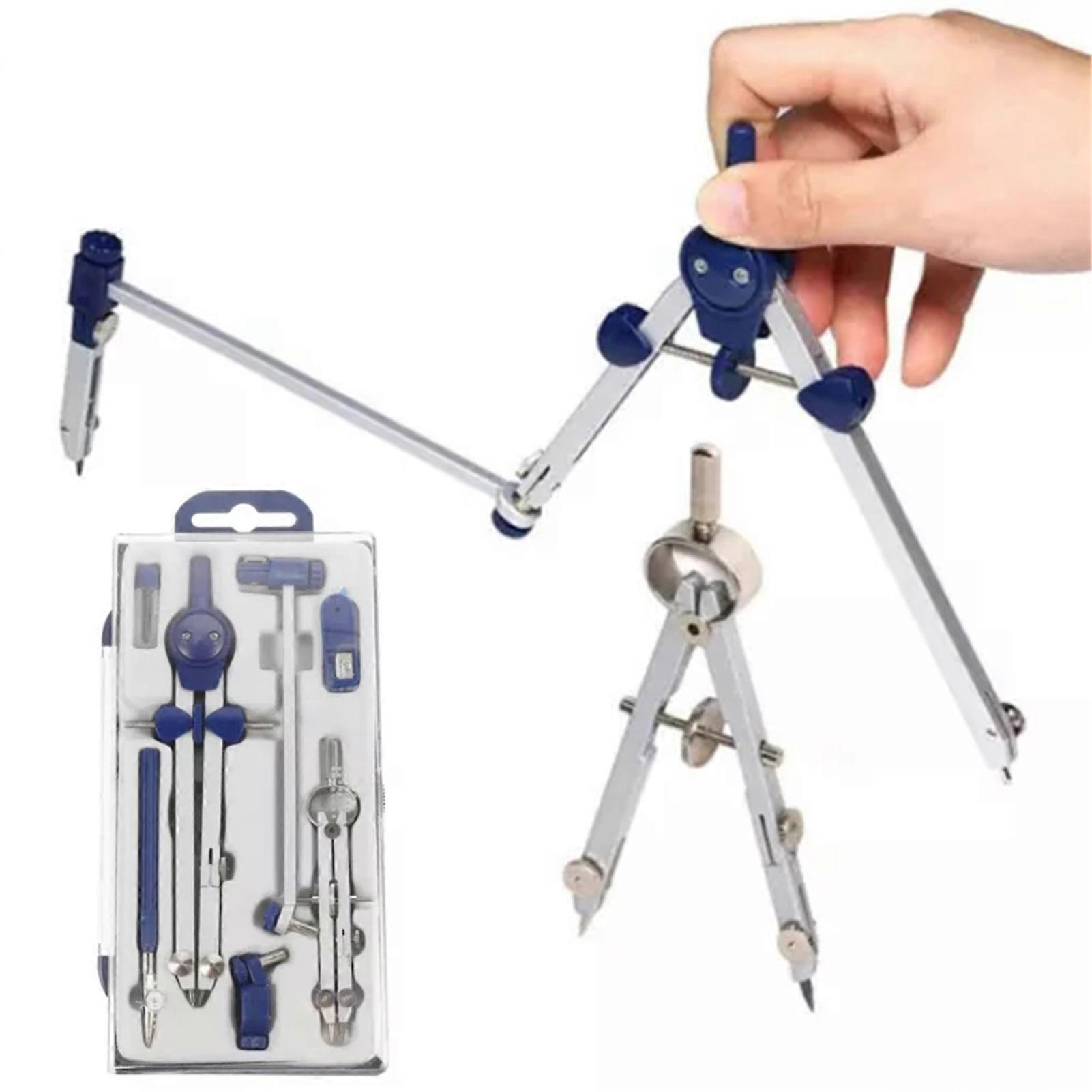 Professional Stainless Steel Drafting Compass Set with Extension Rod - 7-Piece Geometry Compass Kit for Engineers & Students