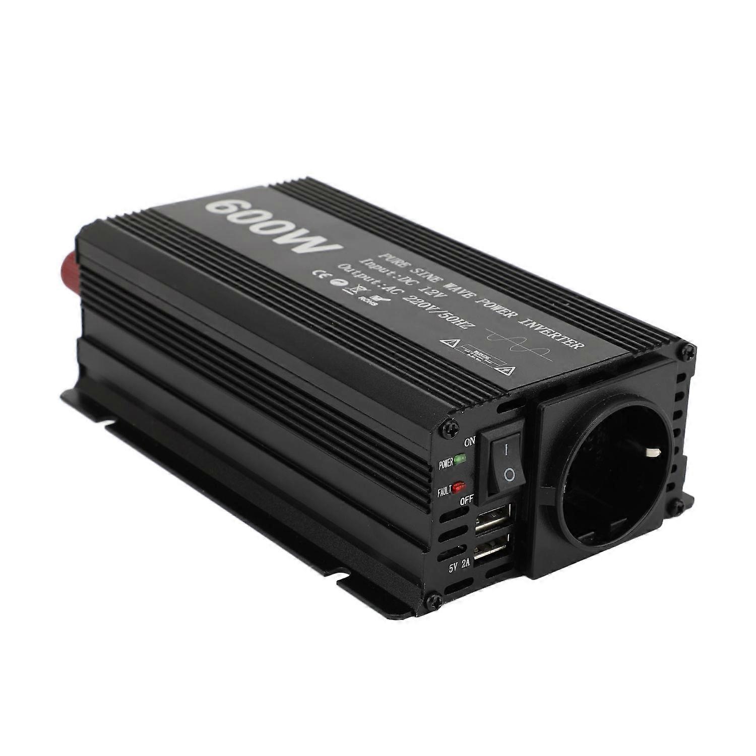 600W Power Inverter Pure Sine Wave Portable DC to AC Converter for Car Use 12V Input Aluminum Alloy