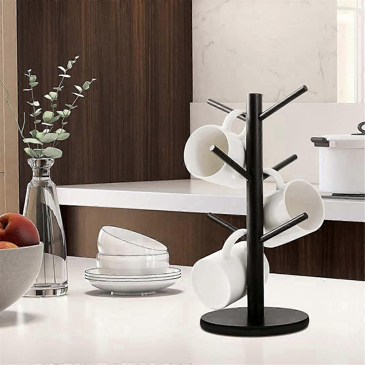 Bamboo Coffee Cup Holder with 6 Hooks, Thickened Base Black Mug Tree, Counter Storage Rack