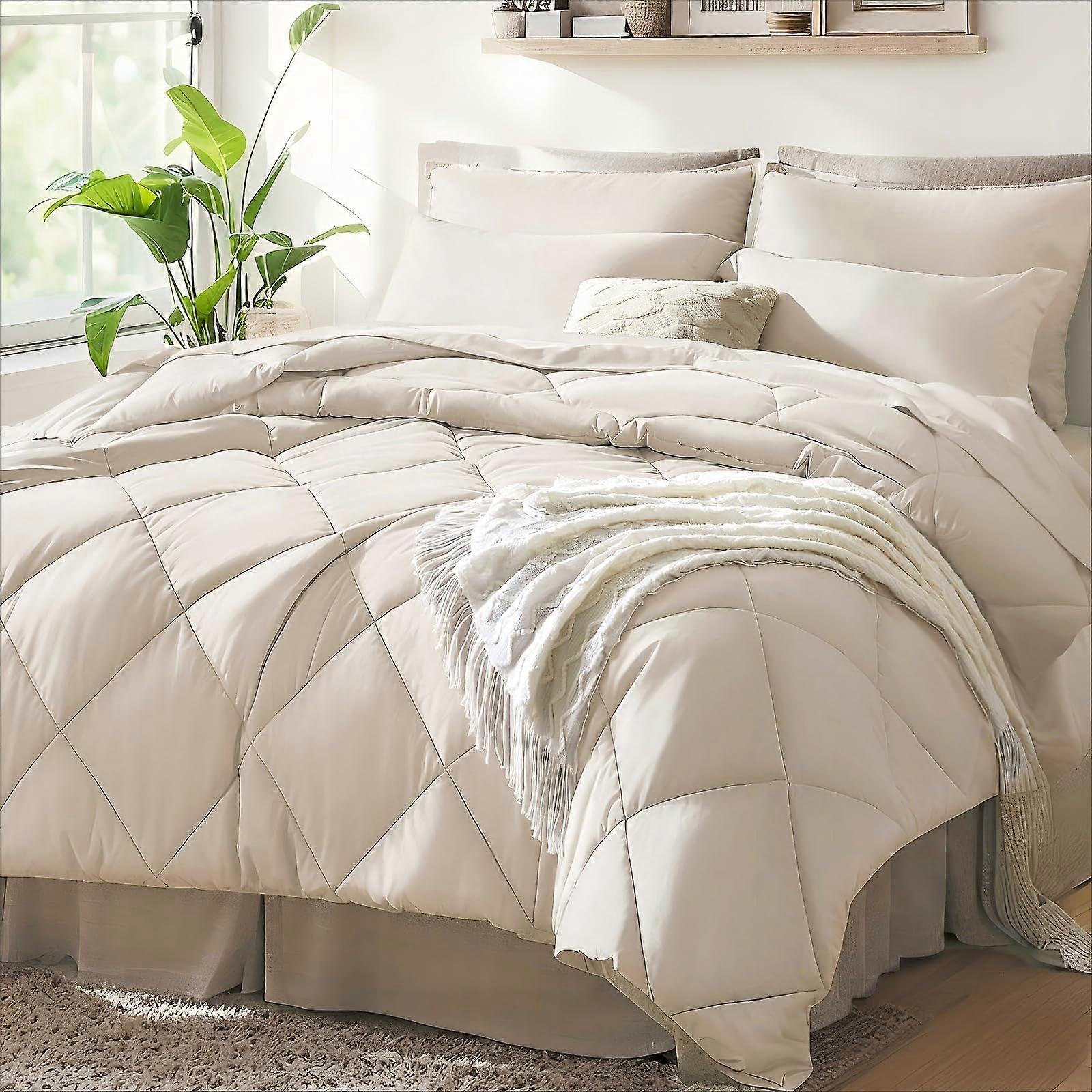 Full/Queen Comforter Sets 7-Piece Bed In A Bag With Flat And Fitted Sheets Pillow Shams And Pillowcases Beige All Season