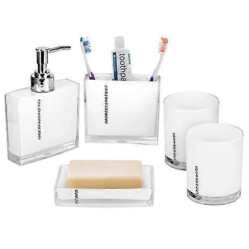 Bathroom Accessories Set, 5-Piece Acrylic Bath Accessory Kit in White with Toothbrush Holder, Dispenser, and Gargle Cup