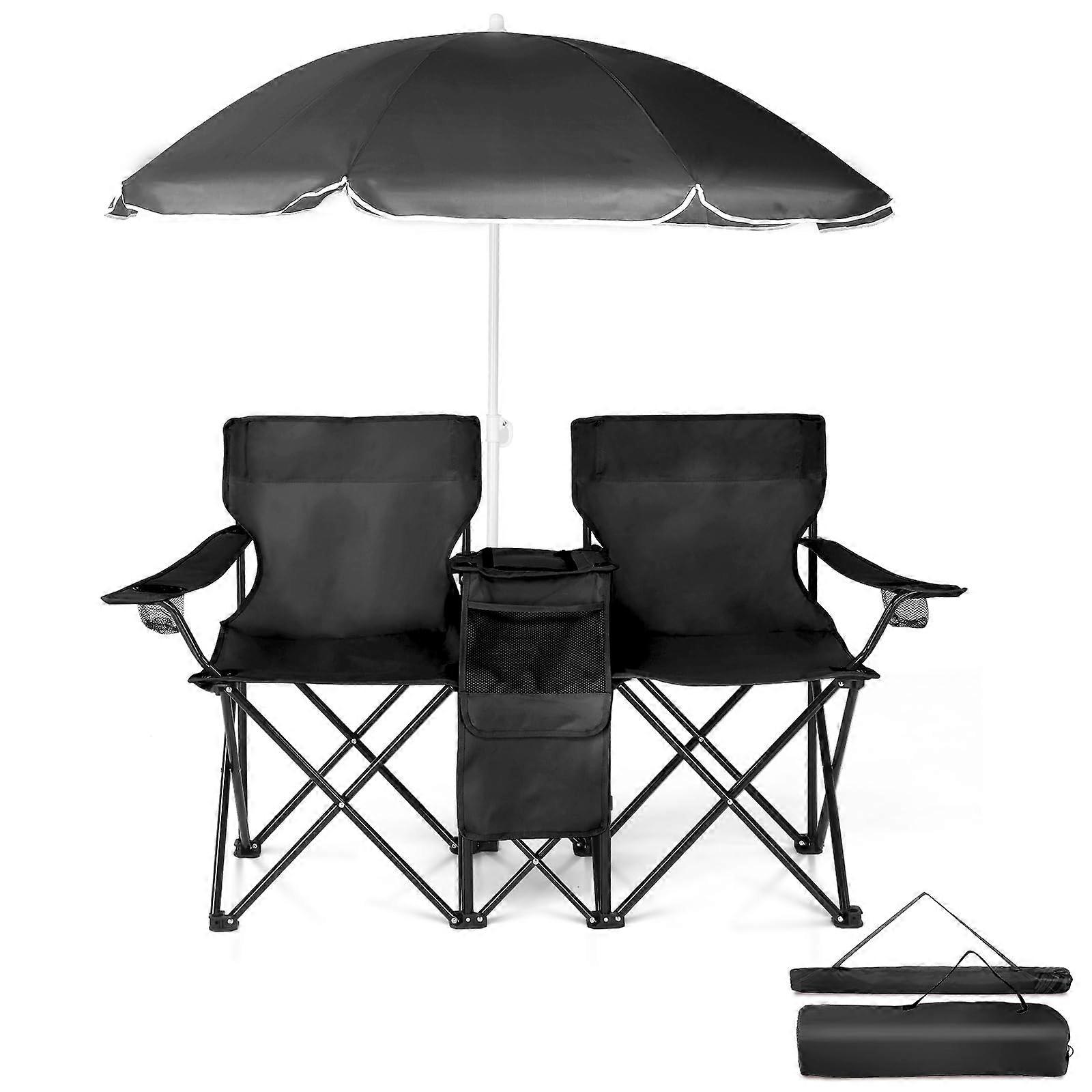 Folding Double Chair Umbrella Beverage Holder carrying Bag Cooling Table, Folding Beach Pool Park Park Open Air for Black