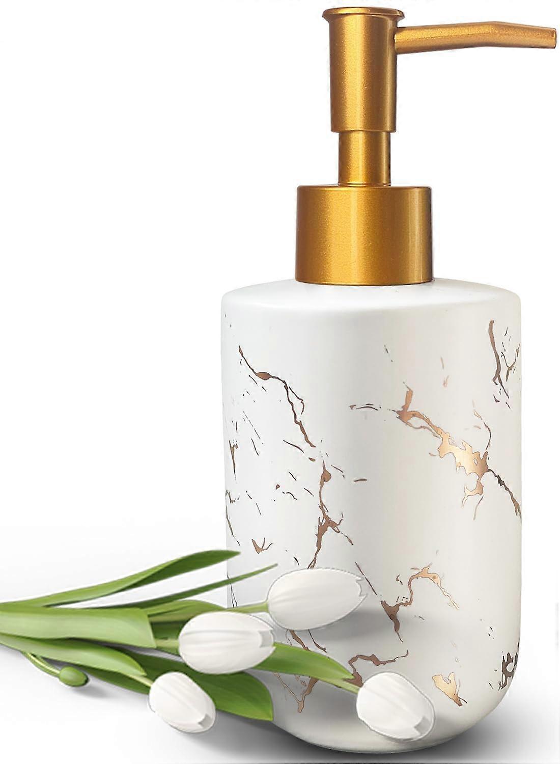 Golden Ceramic Soap Dispenser for Kitchen and Bathroom, White Marble Pattern Liquid Hand Soap Pump Bottle