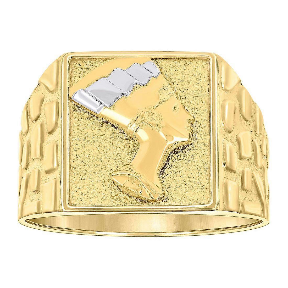10k Two tone Gold Mens Square Head Nefertiti Egyptian Nugget Ring 14.3x6.6mm Wide-Ring for Men