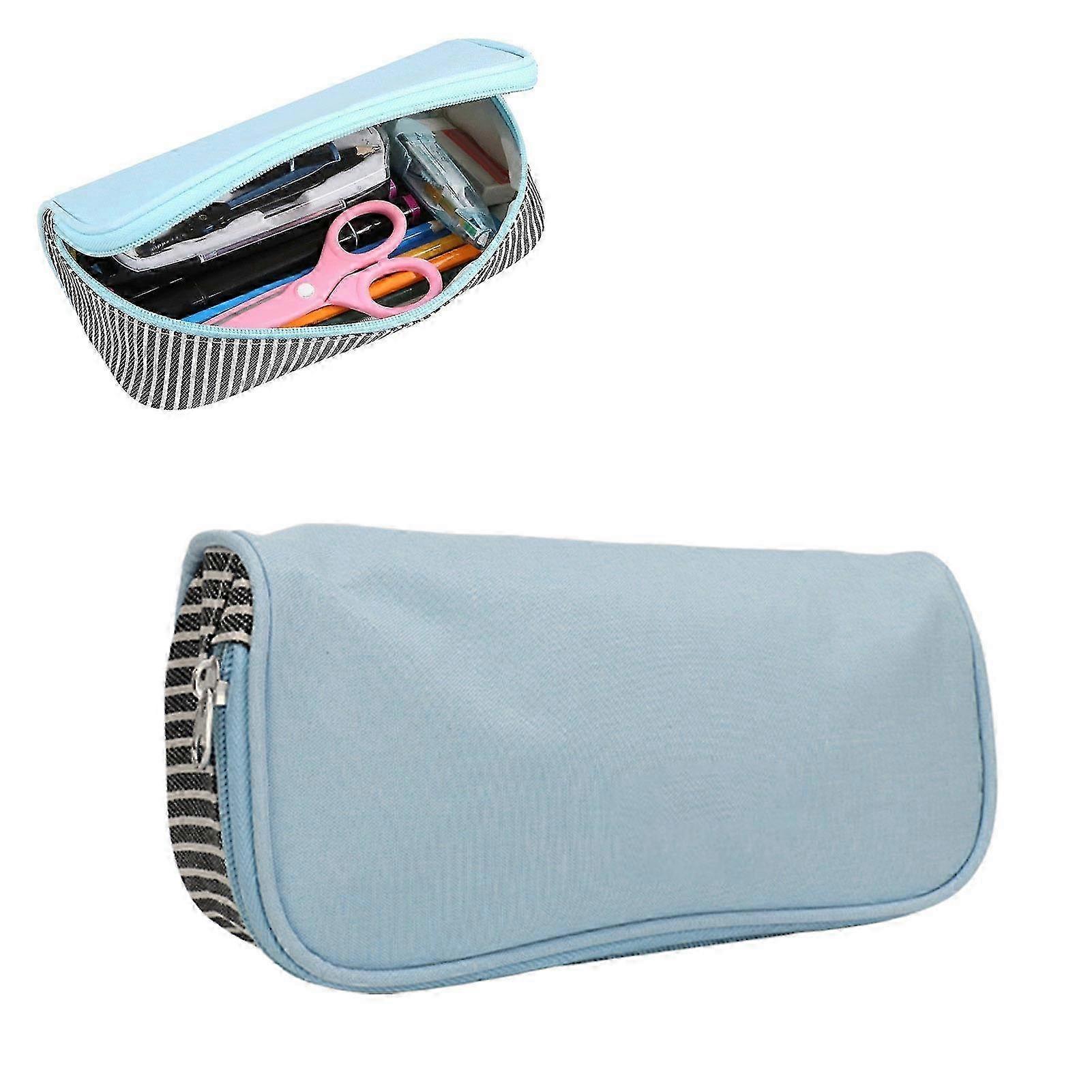 Large Capacity Blue Canvas Pencil Bag for Students