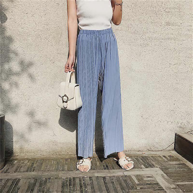 Chiffon Solid Women Casual Wide Leg Pants Loose Pleated Length Pants Elastic Waist Bottoms Pants