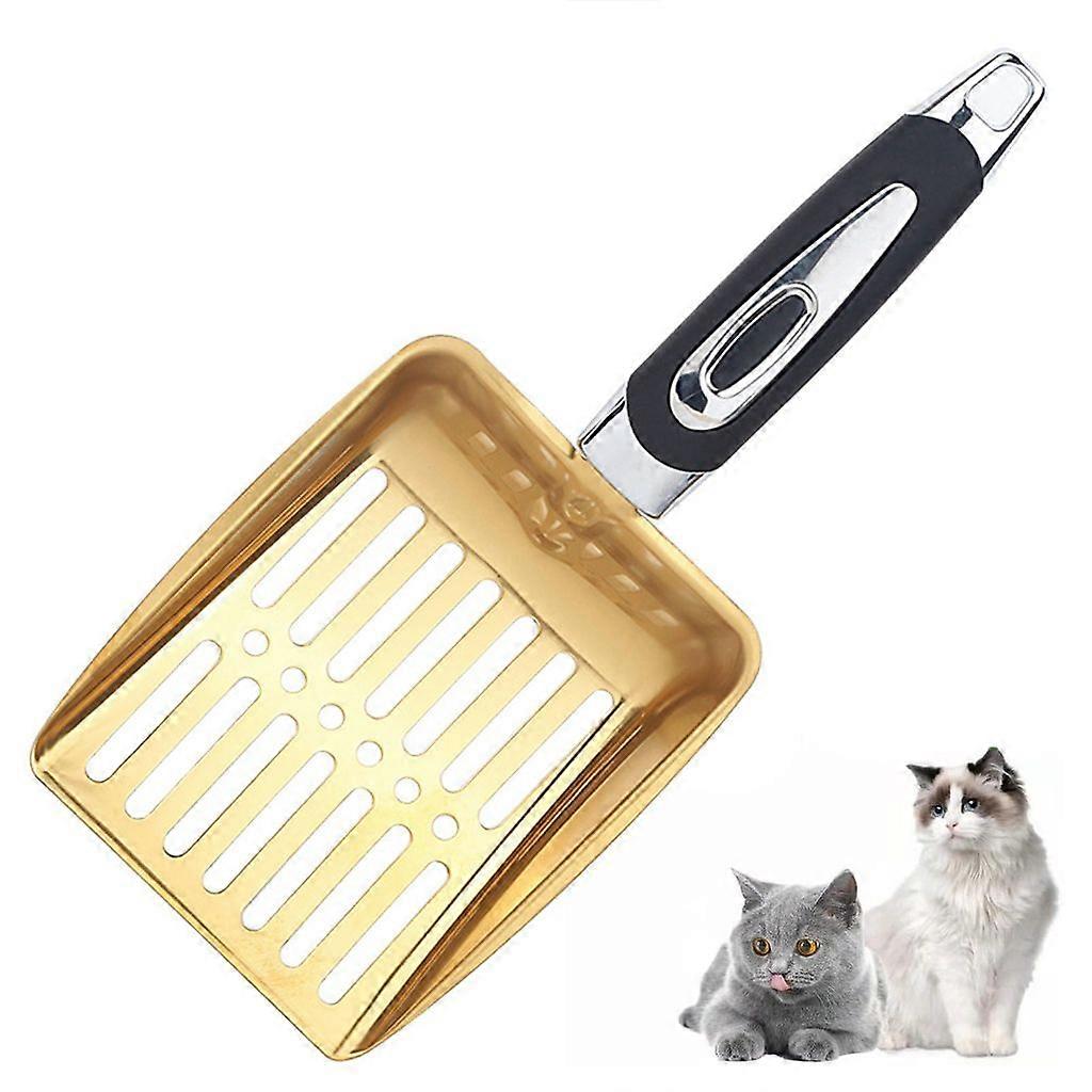 Cat litter scoop, cat litter scoop, non-stick coating, stainless steel, long handle, feces filter, feces sieve (gold)