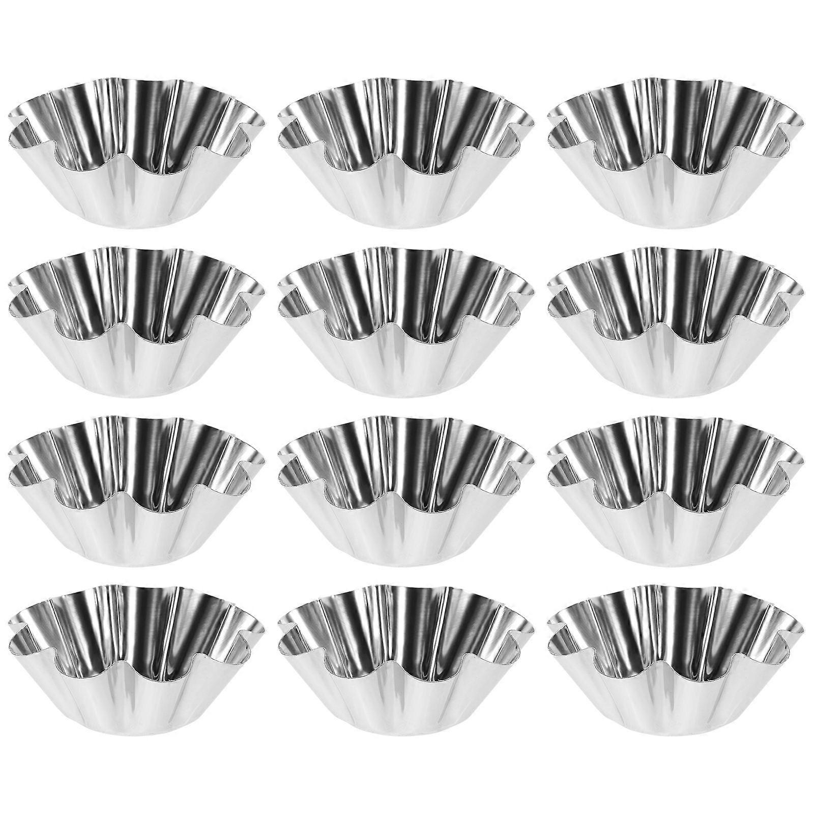 a refined and professional product description based on your input:
**12pcs Non Stick Stainless Steel Tart Pans – Flower Design Reusable Muffin