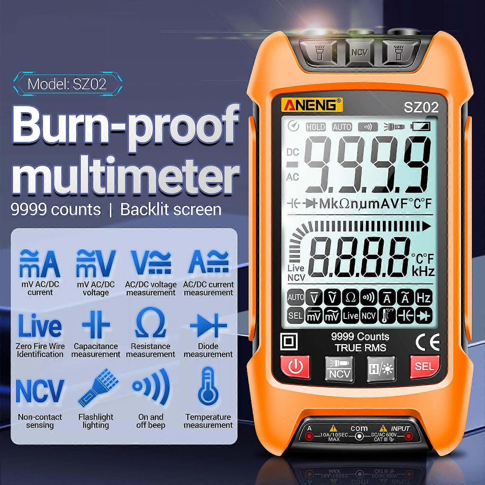 ANENG SZ02 Smart Digital Multimeter Auto Range 9999 Counts NCV Universal Meter Handheld Multifunctional Tester Voltmeter Ammeter with Backlight Flash