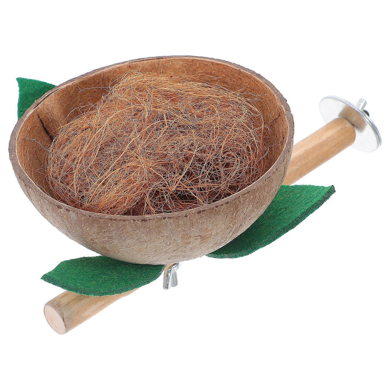 Coconut Shell Bird Perch Stand for Small Birds – Sturdy Natural Nesting Box with Wood Stick for Cockatiels, Parakeets, and Canaries – Easy