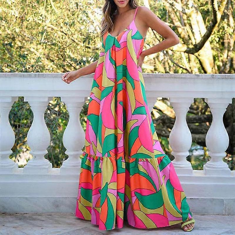Women's Summer Commuter Long Deep V Neck Backless Halter Printed Dresses