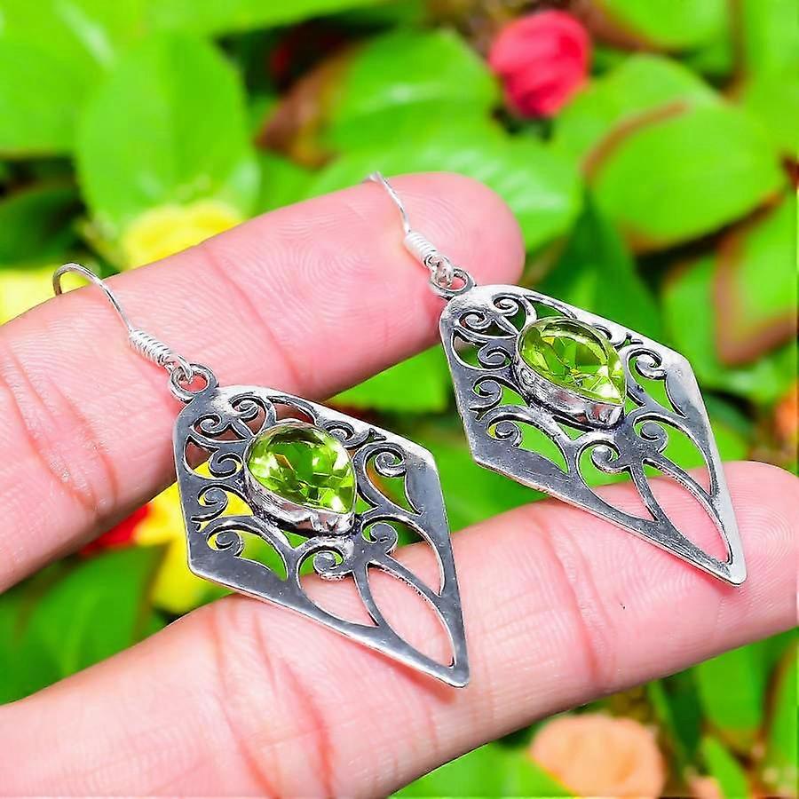 Natural Peridot Gemstone Handmade 925 Sterling Silver Earring 2.32" H8u95