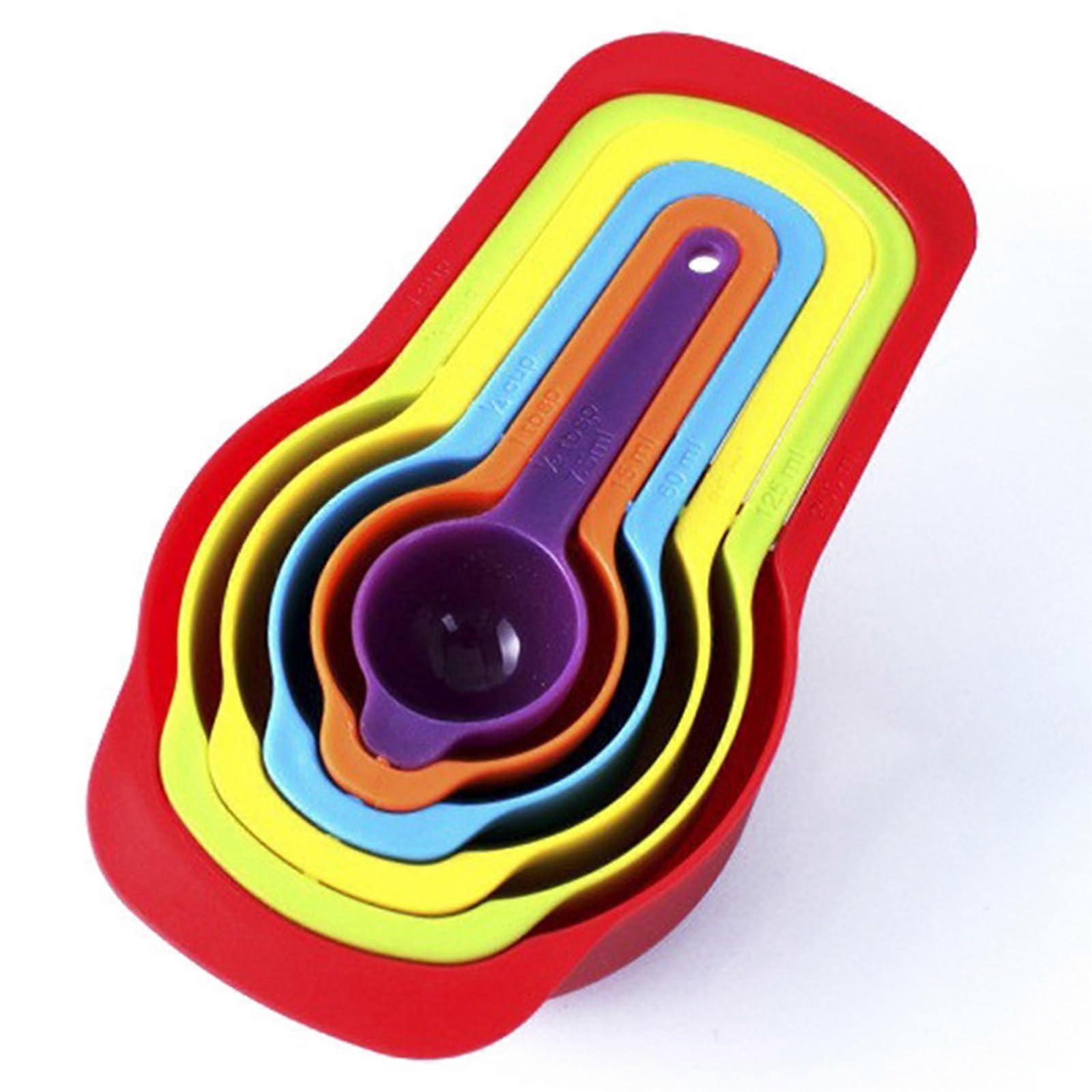 Rainbow Measuring Cups and Spoons Set, 6-Piece Unbreakable Plastic Kitchen Tools with ML, TSP, and TBSP Markings for Baking and Cooking