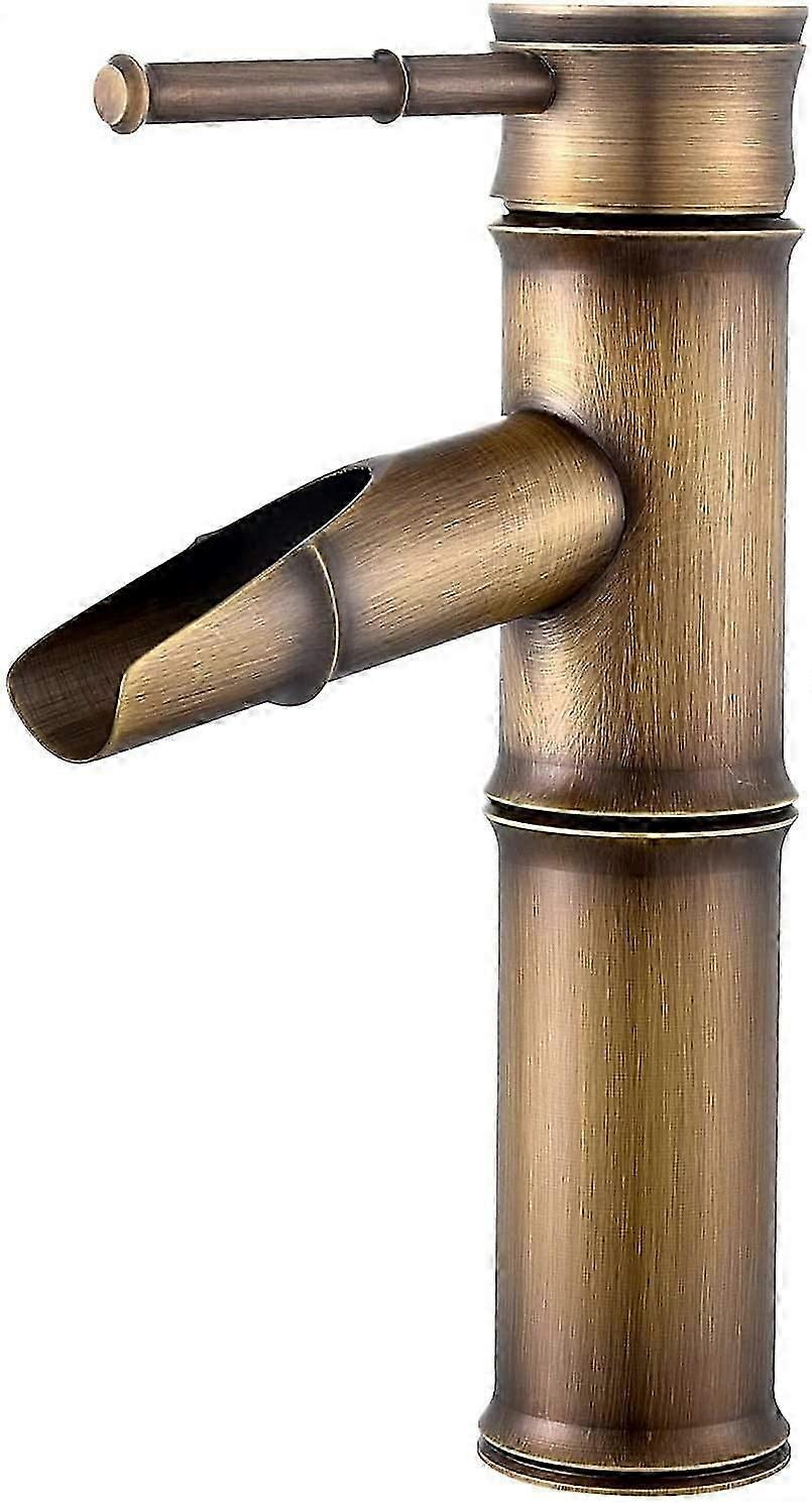 Baderomskran -Waterfall Mixer Tap, messing foss bad vask tappekrang, antikk messing enkelt håndtak Bambus tappekran kran, 2 ledd pause munnen
