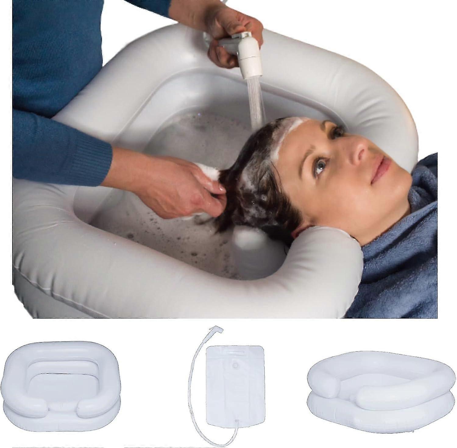 Inflatable hair sink with integrated cushion, water tank, hand shower. Home shampoo/head wash basin for bedridden, disabled or elderly people to make