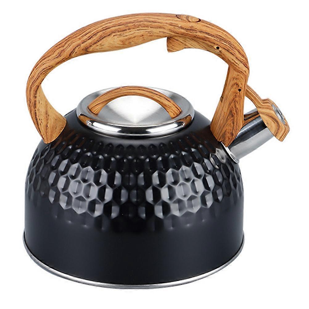 Stainless Steel Whistle Kettle With Wood Grain Handle For Home Users 2.5L Black Round Heat Resistant 1Set