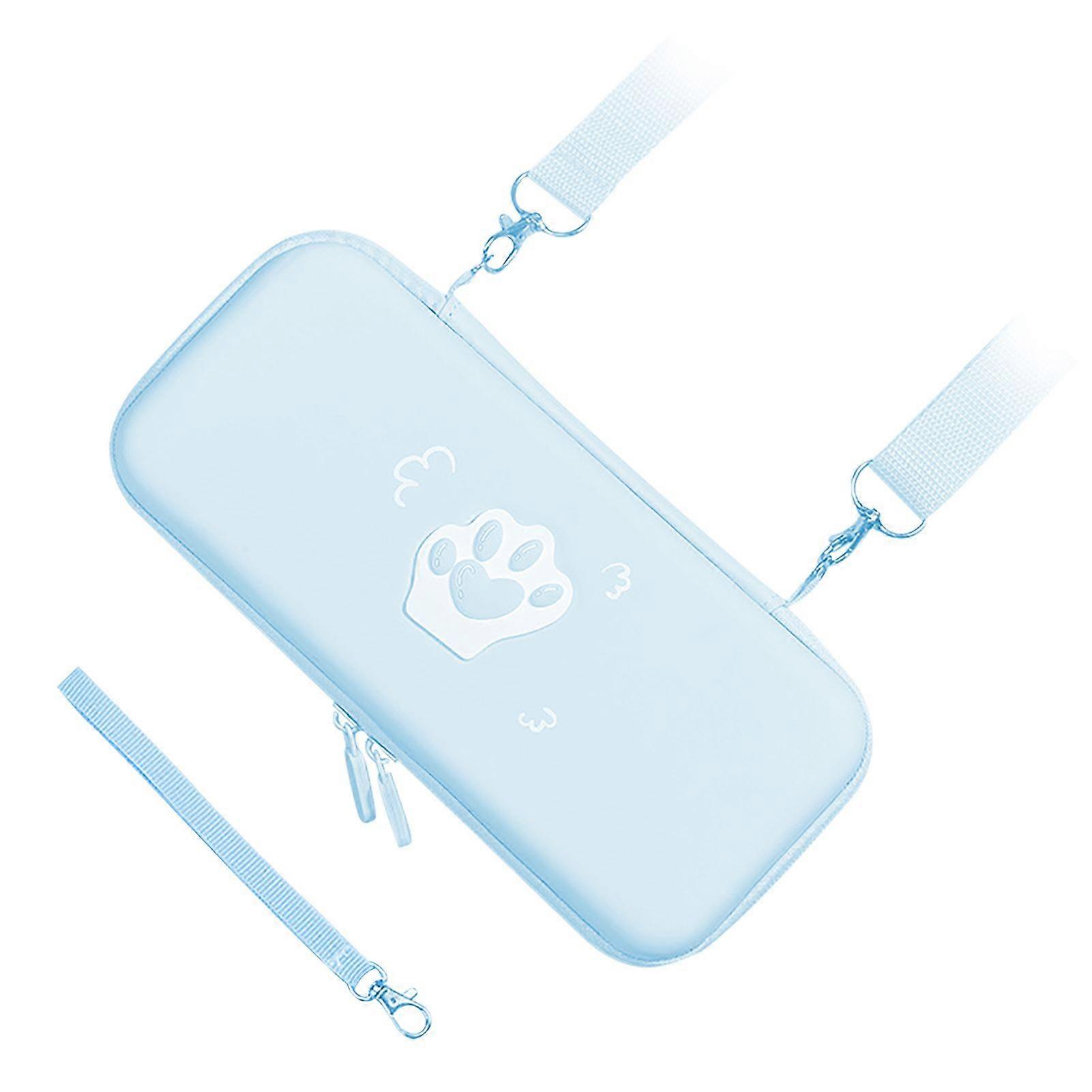 Cute Cat Paw Carrying Case PU Leather Hard Protective Cover with Shoulder Strap and Hand Rope for Switch Game Console Hyacinth Blue