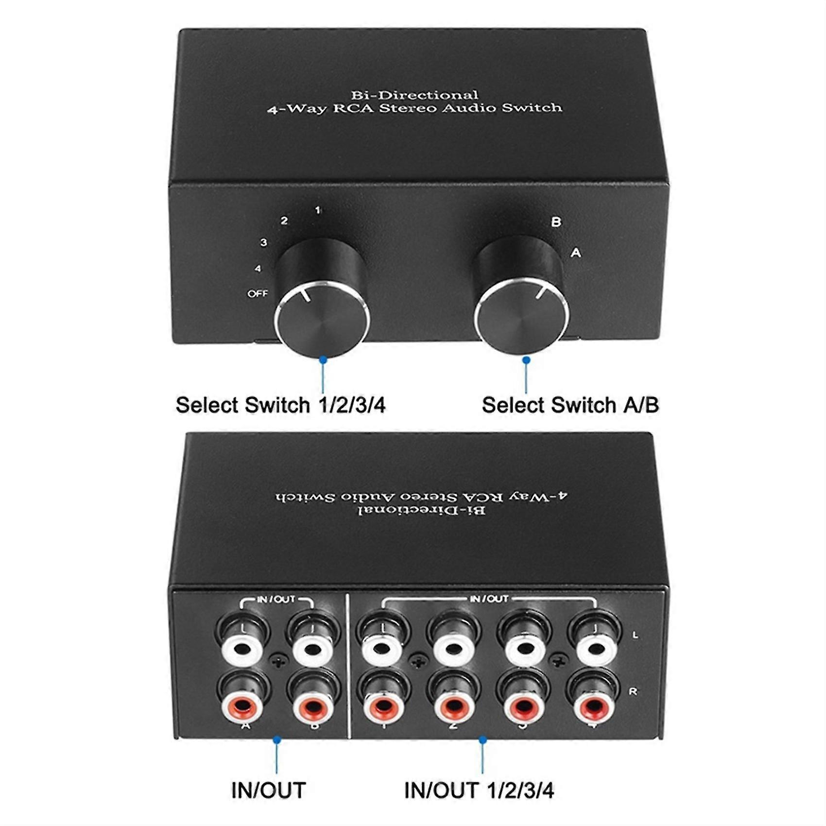 Bi-directional 4-way Rca Stereo Audio Switch L/r Sound Channel Audio Switcher,2 In 4 Out Or 4 In 2