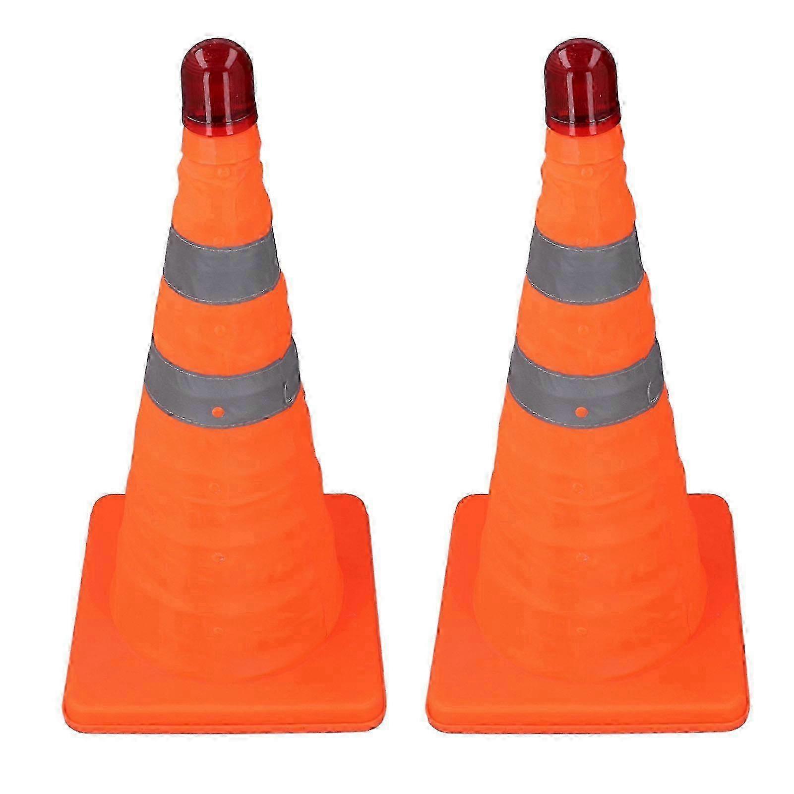 2PCS 45cm Foldable Orange Road Cones with Reflective Collar & Warning Lamps