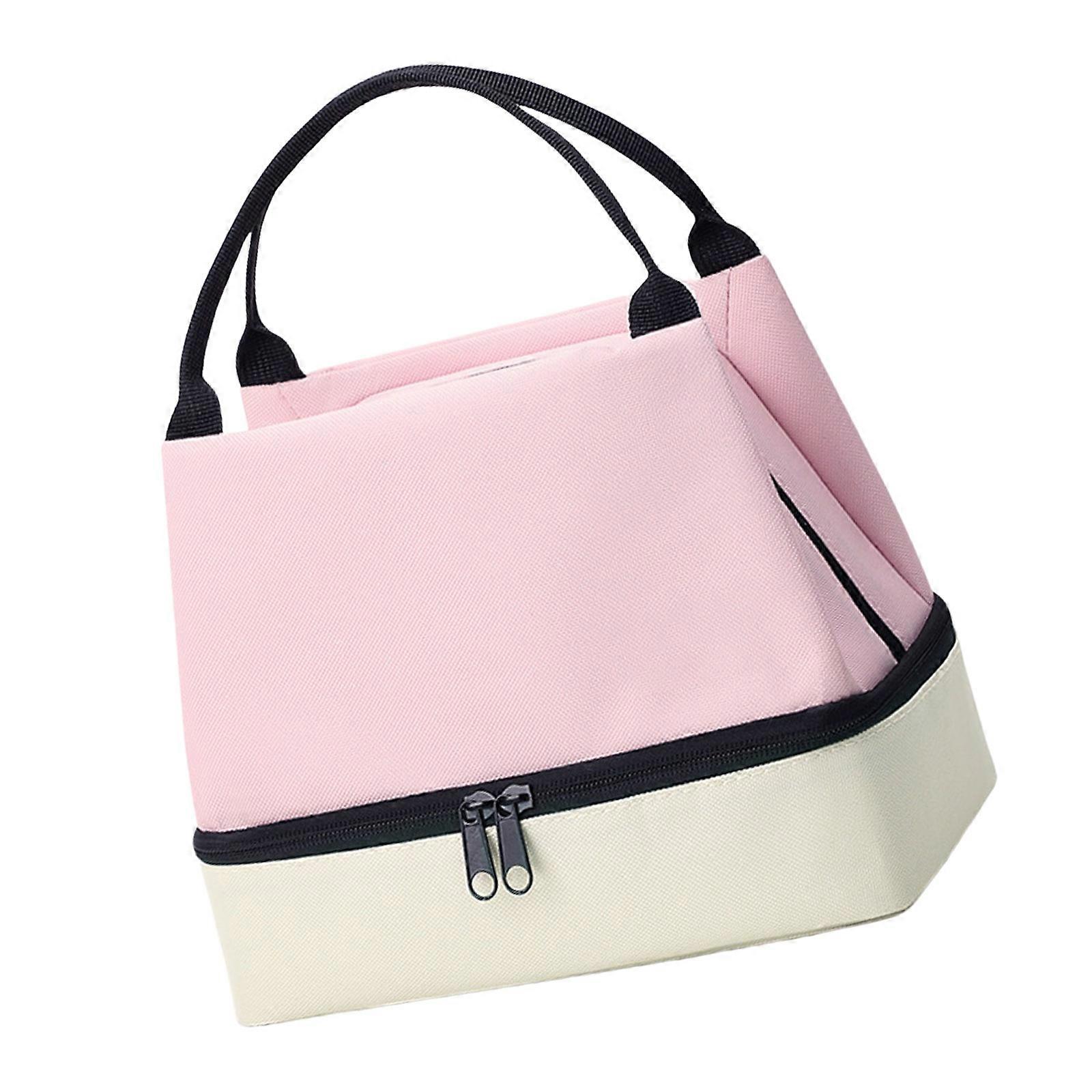 Multipurpose Sturdy Oxford Lunch Storage Bag with Double Sections Convenient for Sorting Snacks and Beverages on the Way  Pink