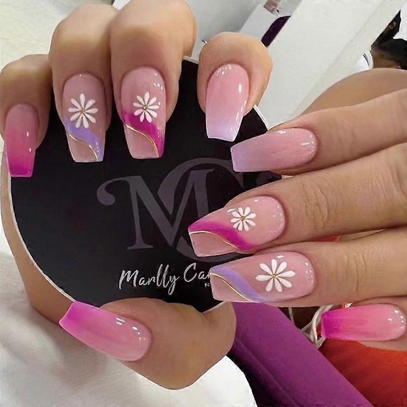 Paquete de 24 uñas prensadas para mujer líneas largas falsas Daisy Fuchsia Color Block Uñas onduladas Herramientas de manicura de bricolaje Pegatinas de uñas de cobertura total