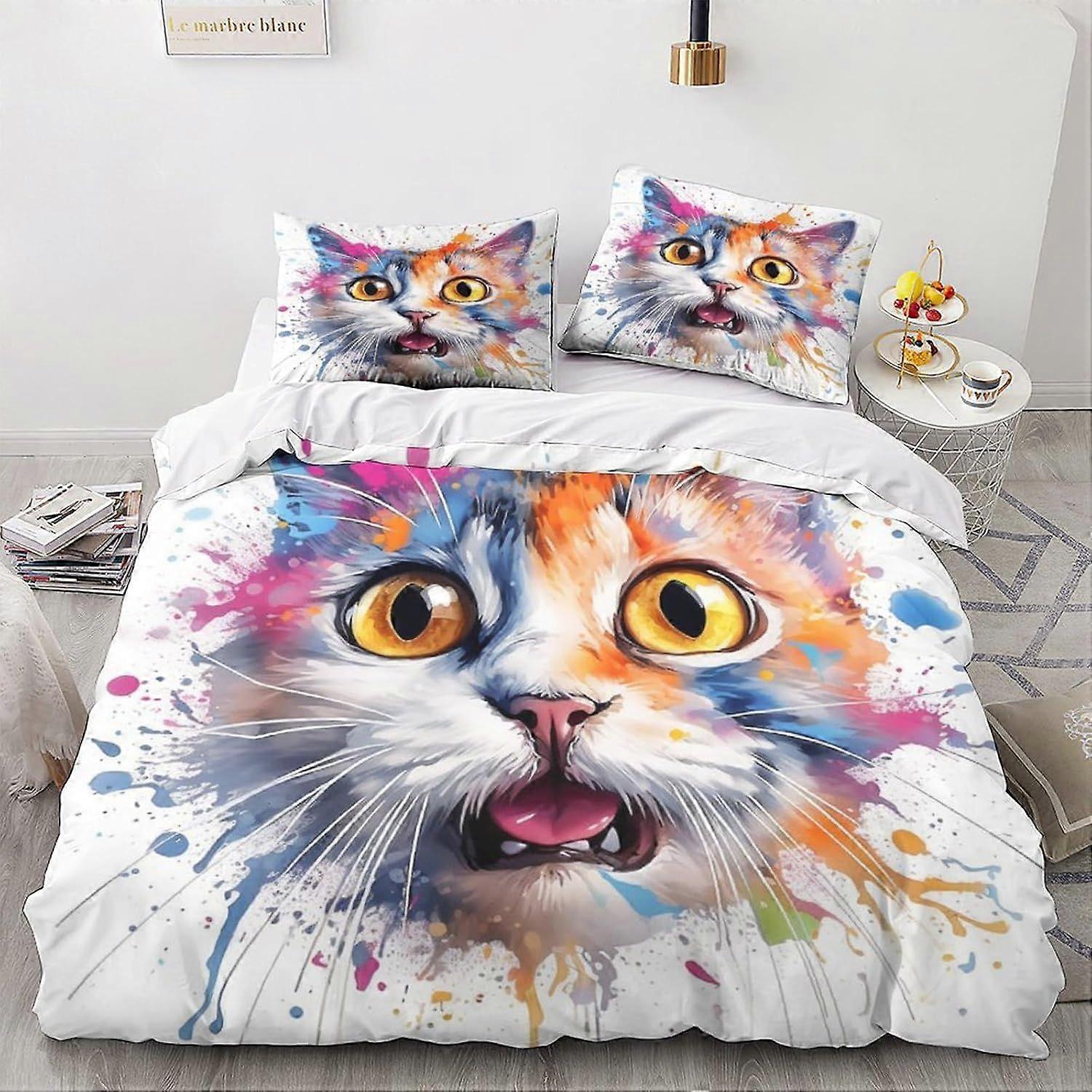 Katt påslakan Set 3D-tryckt söt kattunge med örngott Djur Täcke Sängkläder Dubbel