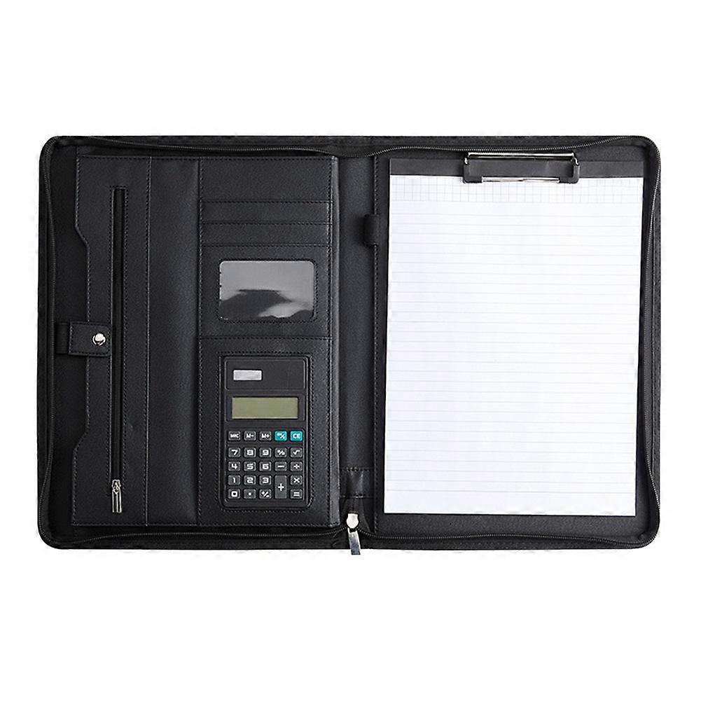 Leather Portfolio Folder with Zipper for Women/Men, Business Padfolio with Handle, Conference Notepad Folder Black