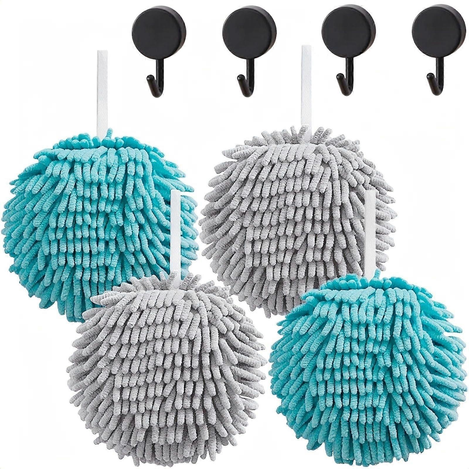 4 Pcs Soft Absorbent Microfiber and Chenille Hand Towels with Hanging Loop for Bathroom, Grey and Blue