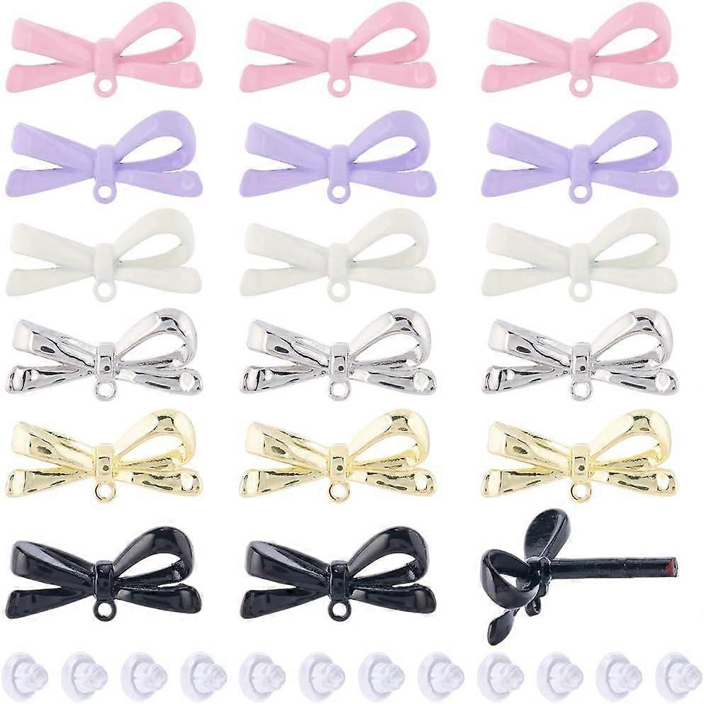 1 Box 24Pcs 6 Colors Earring Post Colorful Stud Earrings Metal Alloy Coquette Bowknot Tie Shaped Loop Dangle Posts Findings with Plastic Ear Nuts for 