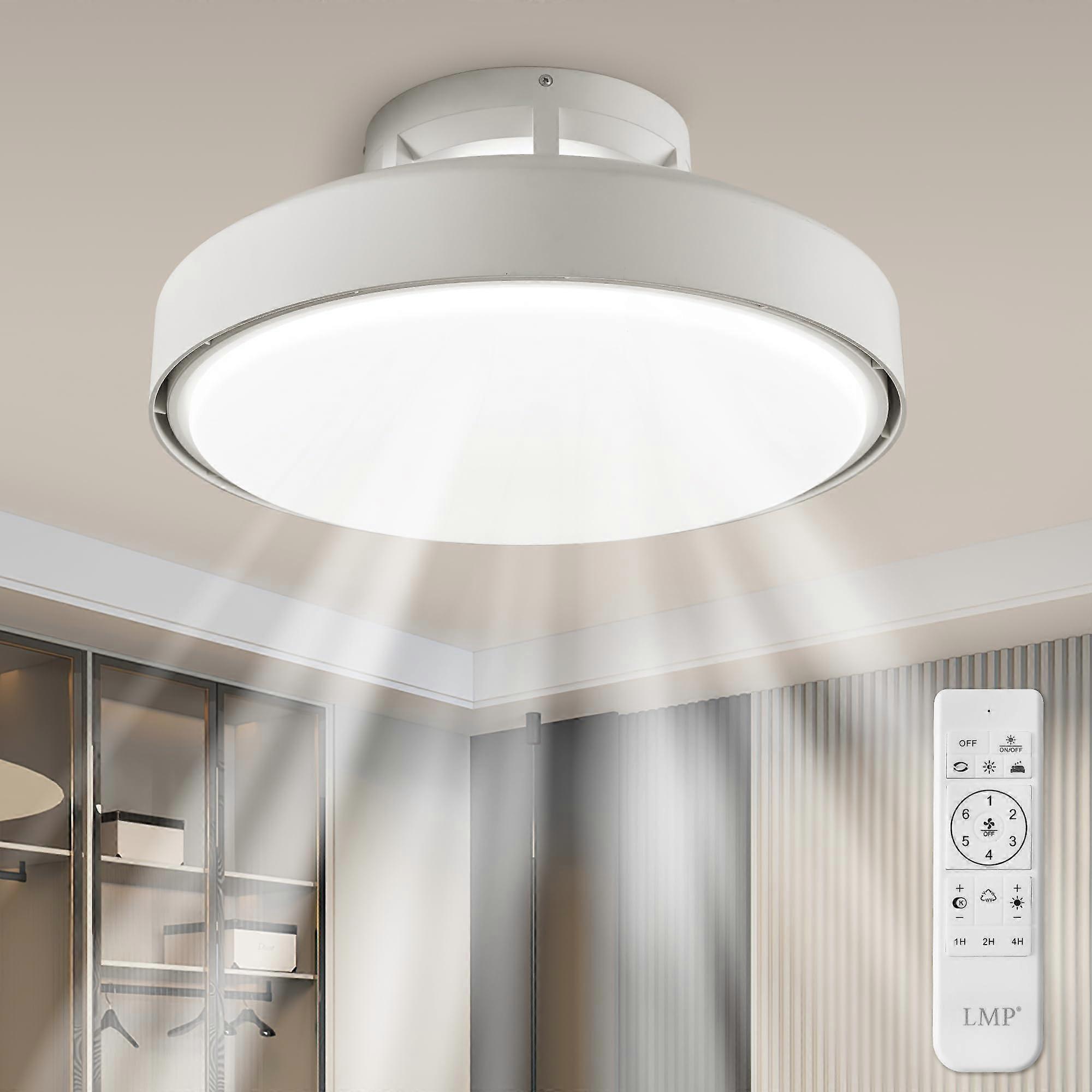 Ceiling Fan with Light Flush Mount 19in Low Profile Bladeless LED 6 Speed Remote for Bedroom White