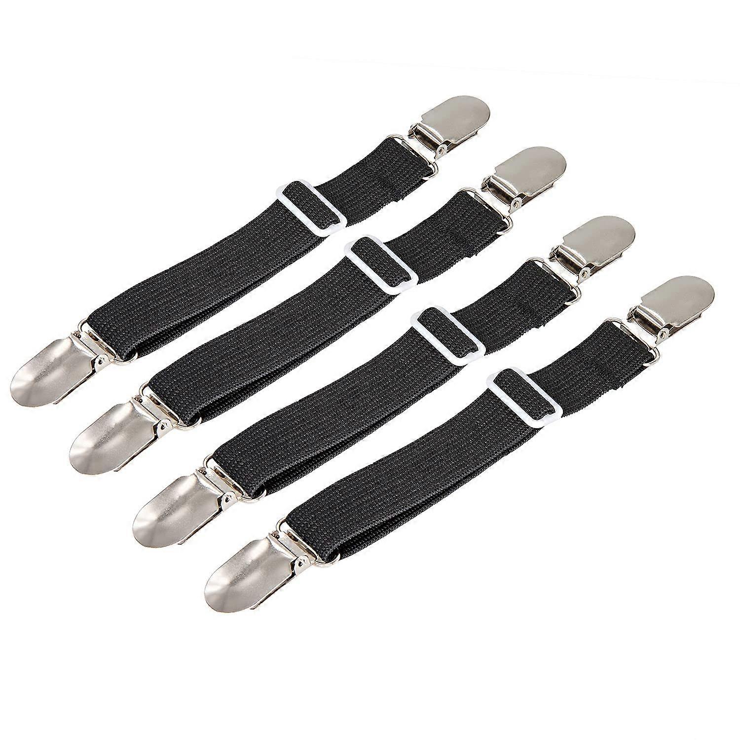 4Pcs Adjustable Bed Sheet Straps with Clips, Heavy Duty Elastic Holders for Secure Sheet Grip, Black
