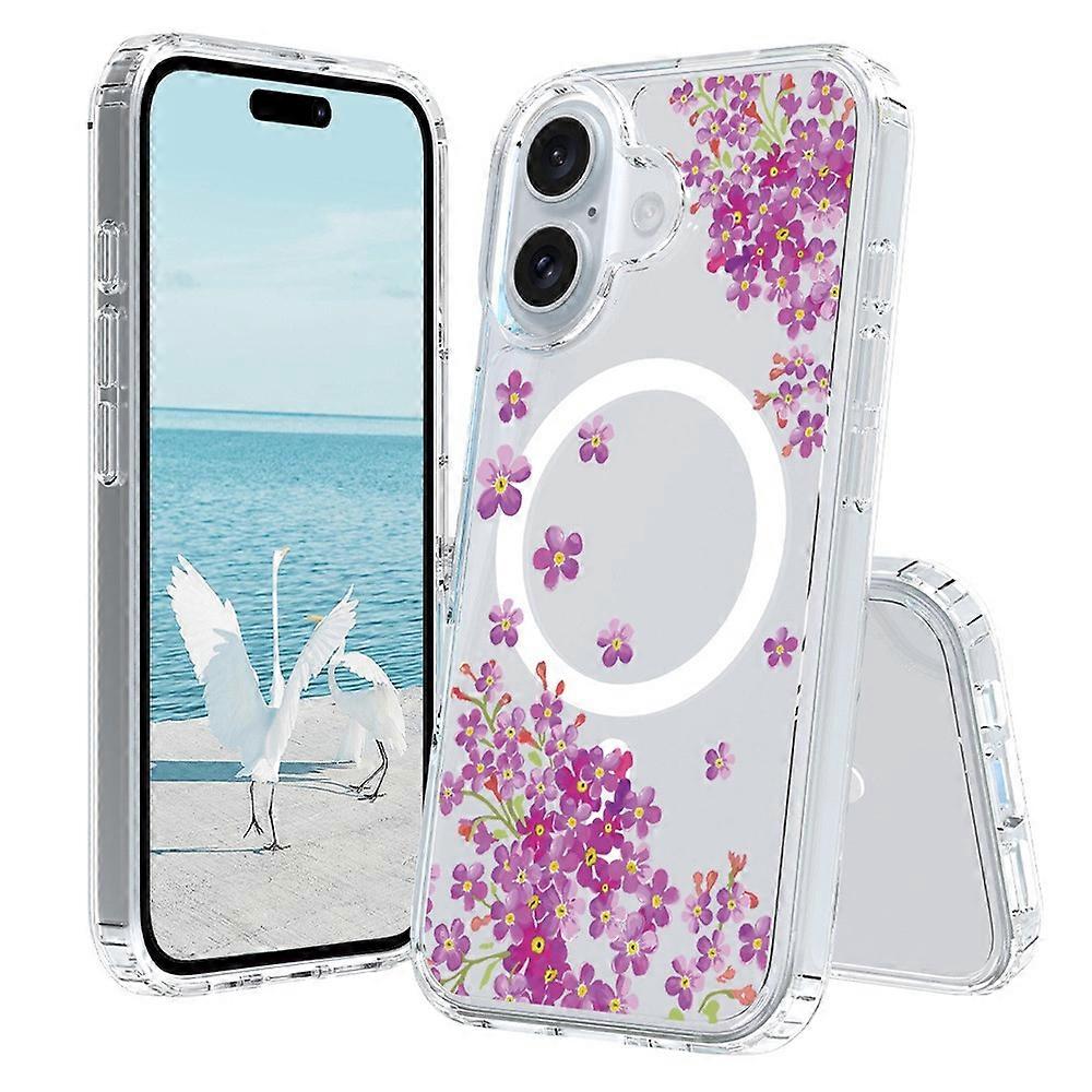 For iPhone 16 Plus Case Compatible with MagSafe Flower Pattern Printing TPU+PC Phone Cover