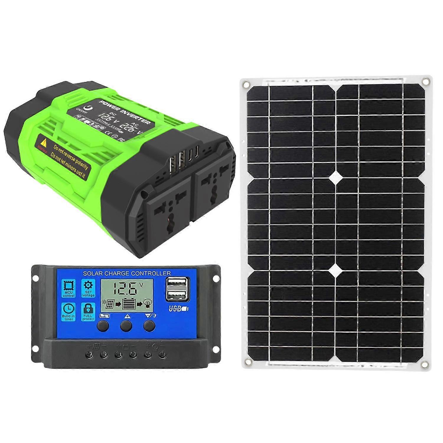 Gurxun Modified Wave Inverter With 18W Solar Panel + 30A Controller Dual Socket + 2 USB + 2 Type-C Ports