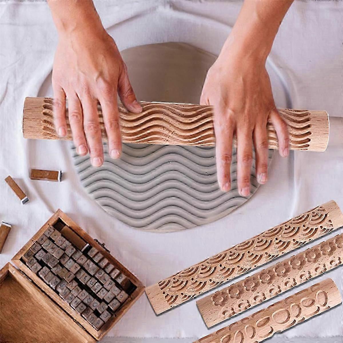 Clay Modeling Pattern Rollers, for Clay Wooden Handle Pottery Tools