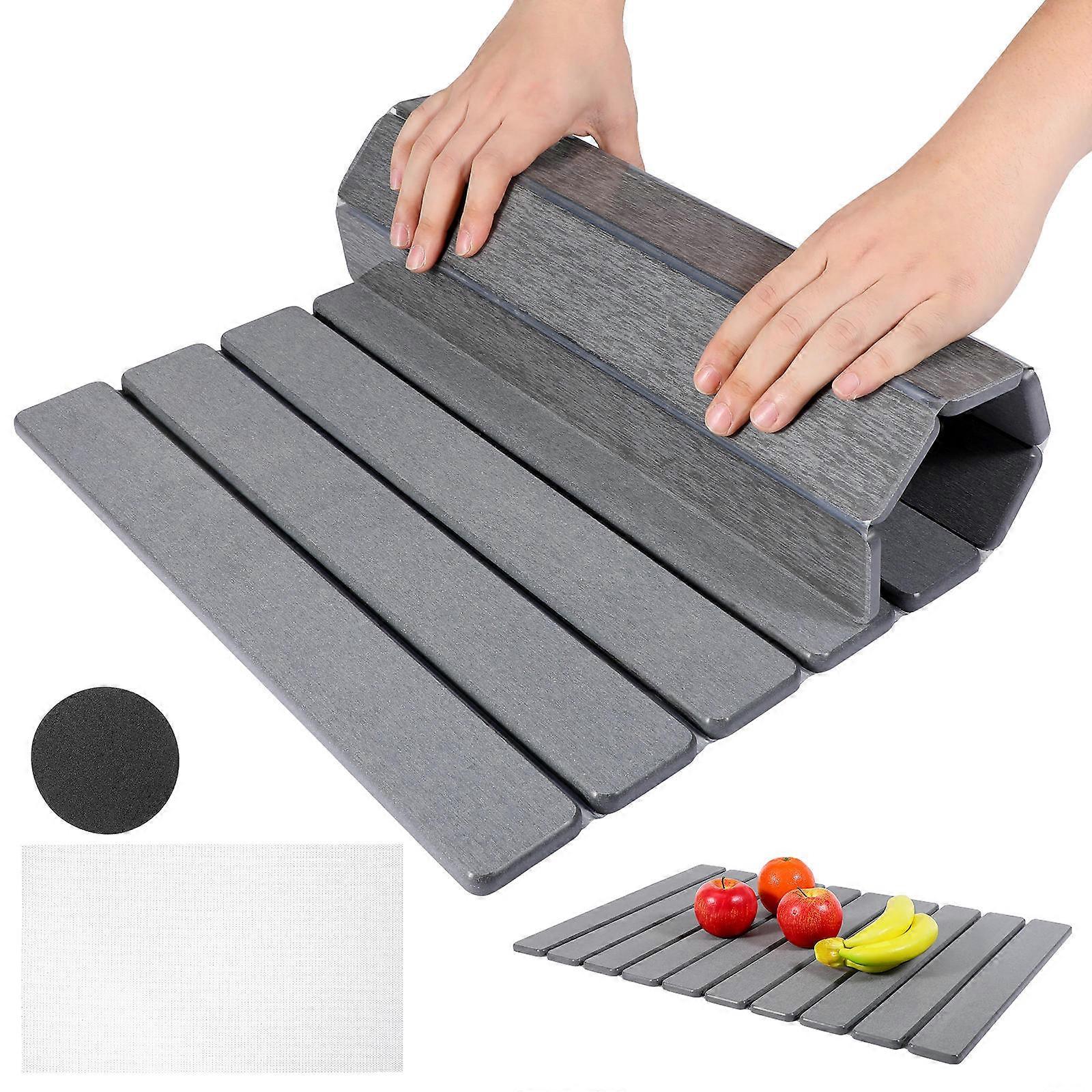 Dark Grey Stone Dish Drying Mat for Kitchen Counter Foldable Design