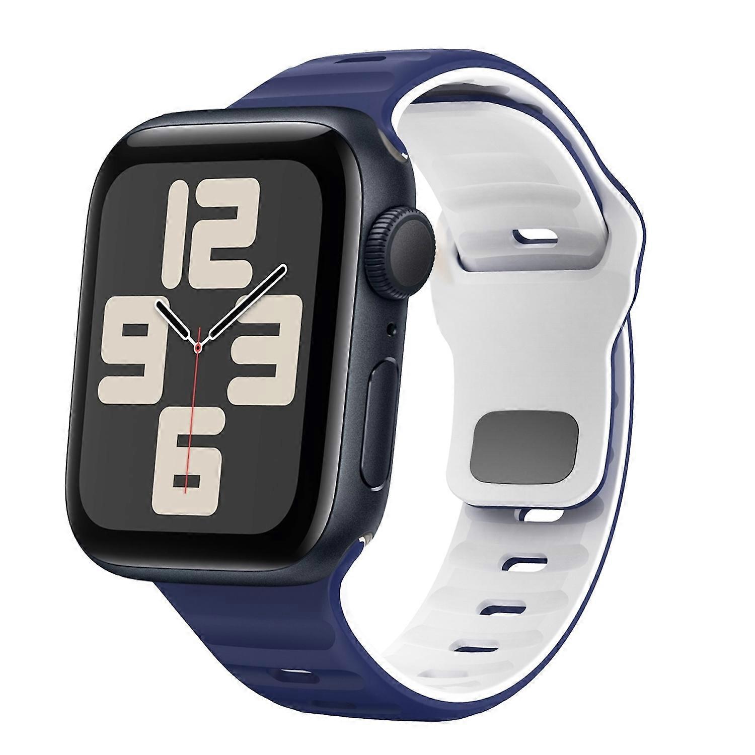 For Apple Watch SE 2023 44mm Silicone Design Wave Structure Band Dark Blue / White