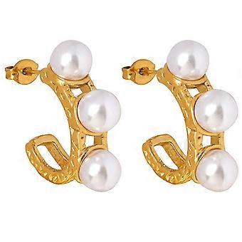 1 Par de Brincos Elegantes em Formato de C, em Aço Inoxidável com Pérolas Imitadas e Textura Martelada, para Mulheres